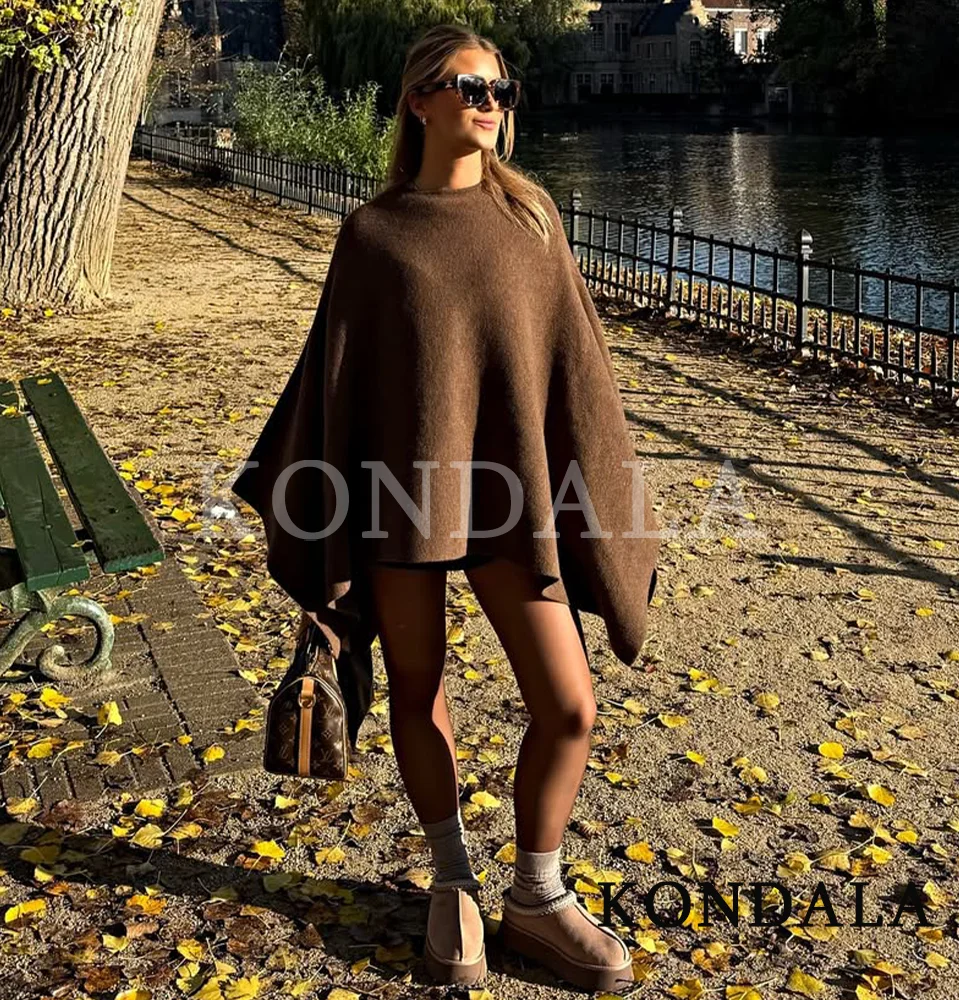 KONDALA Gestrickter, lockerer Cape-Mantel für Damen, braun, elegant, lässig, gestrickt, Cape-Mantel, 2025, Herbst-Winter-Mode, Vintage-Stil, weiblicher Cape