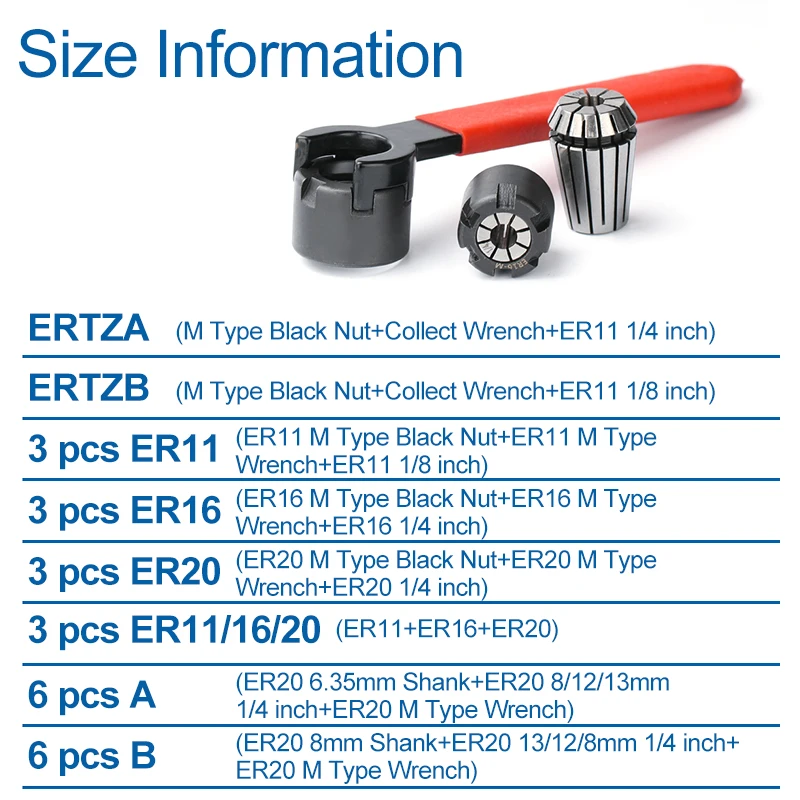 XCAN Tool Holder ER Collet Chuck ER11 ER16 ER20 Collet Set 1/8 1/4 Clamp M Type ER Nut M Type Nut Wrench for CNC Lathe Milling