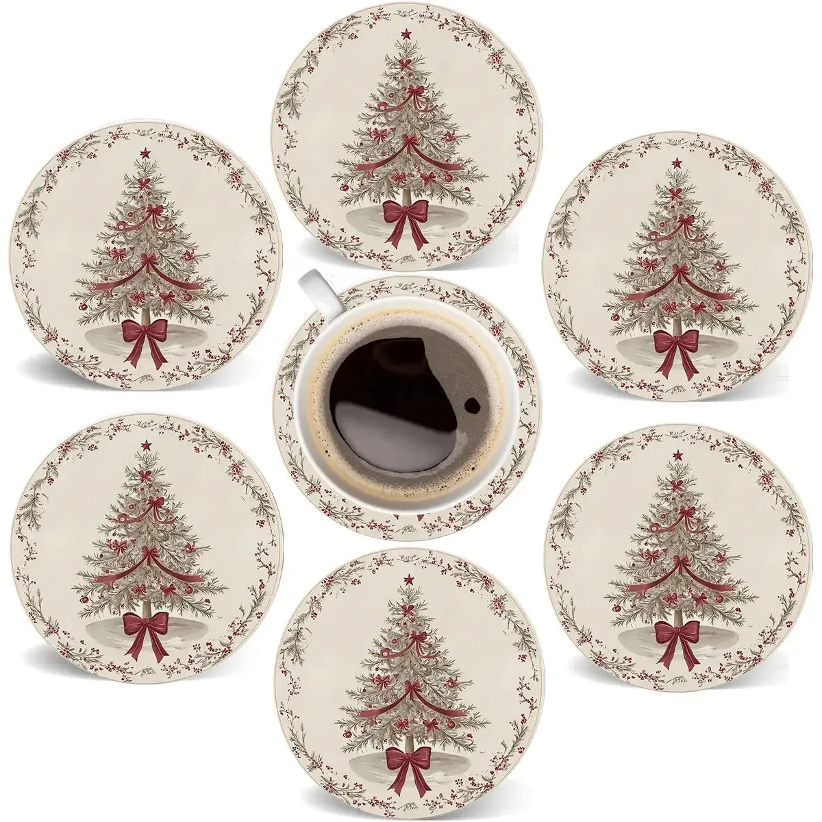 12/6 Pieces of Christmas Atmosphere-Themed Wooden Coasters with Tree and Pinecone Patterns - 2D Flat Round Table Protectors with Red Bow Design, Coffee and Beverage Coasters, Perfect for Holiday Home Decor and Housewarming Gifts, Christmas Decorations