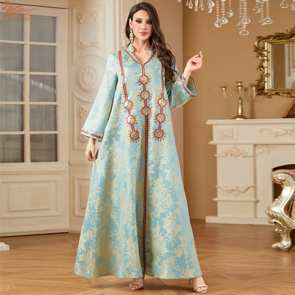 

Uni Muslim Elegant Embroidery Women Evening Dress Jacquard Maxi Abaya Fashion V-Neck Caftan Marocain Femme