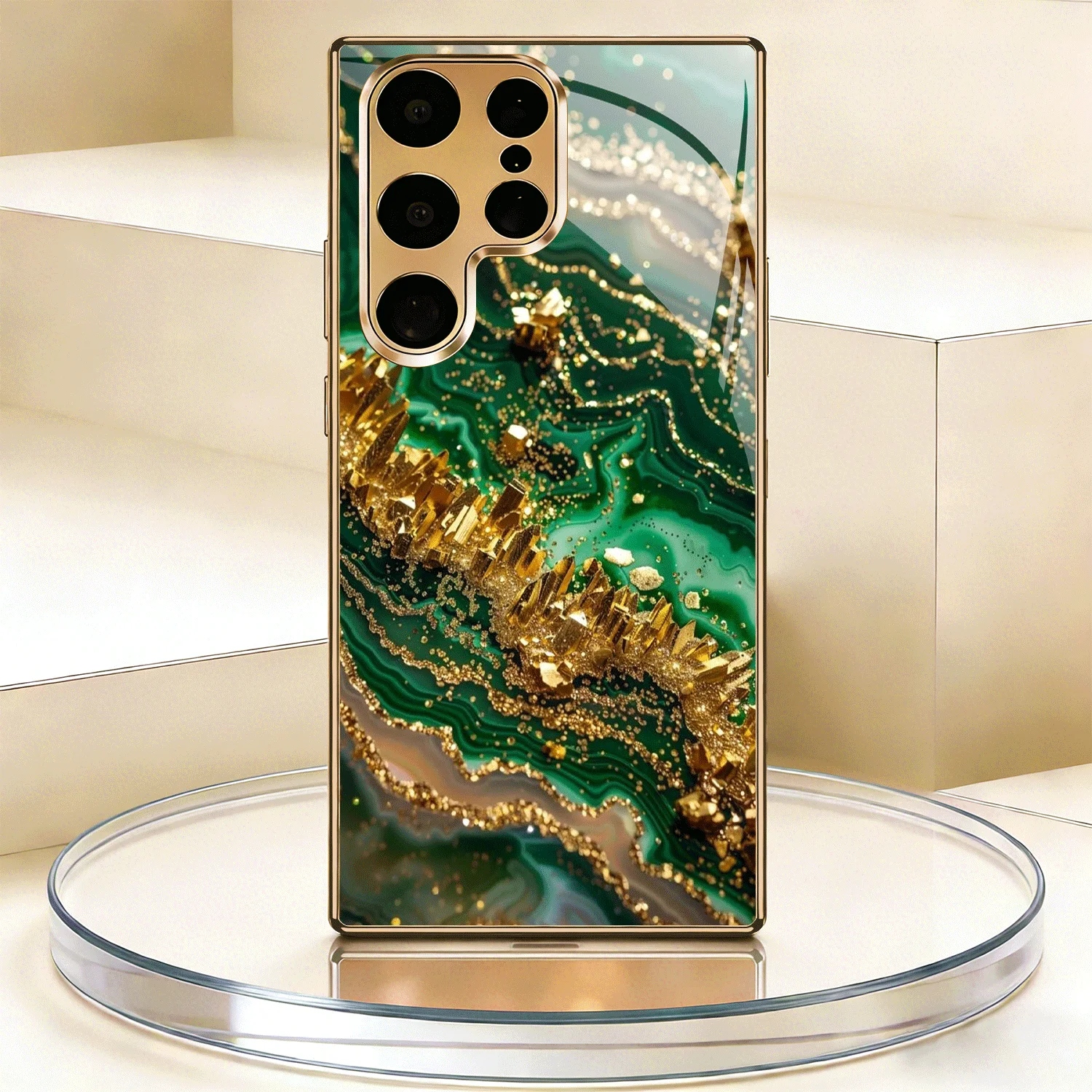 

Позолоченный чехол для телефона из закаленного стекла, совместимый с Galaxy S26 S25 S24 S23 S22 Ultra Plus. Обладает текстурным дизайном в зелено-золотых тонах.