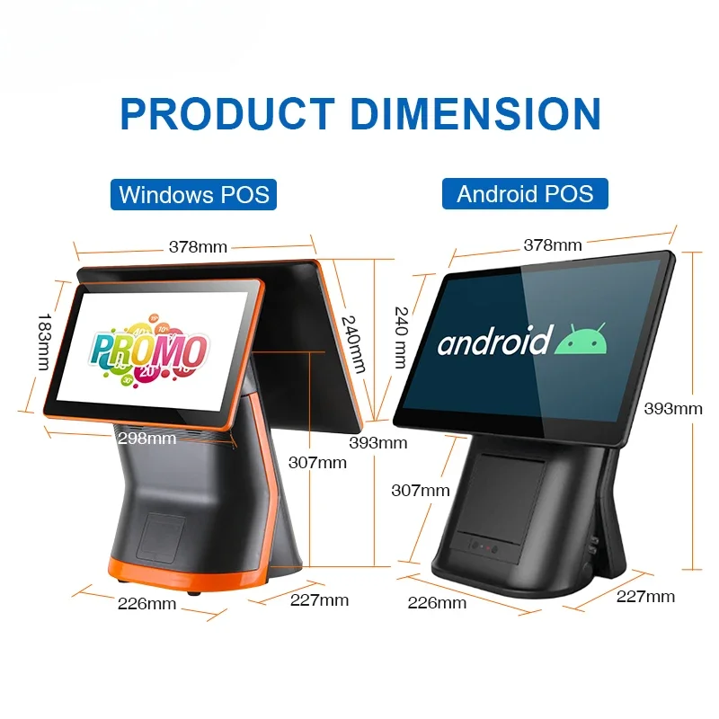 for Dual Screen Windows POS Cash Register Machine  POS Terminal With 80mm Thermal Receipt Printer