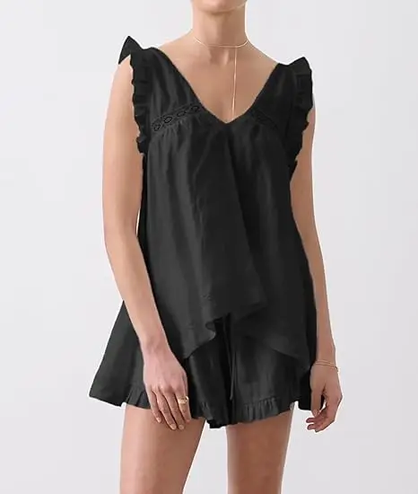 New Fashion Womens Casual 2 Piece Outfits Sleeveless V Neck Ruffle Tank Tops + Shorts Set Loungewear Hot Sale S M L