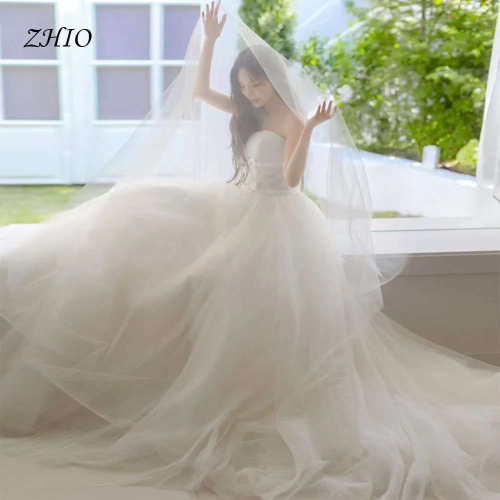 ZHIO فستان زفاف بفيونكة الأميرة بدون حمالات مشد على شكل حرف a أبيض تول كوريا صورة تبادل لاطلاق النار فستان استقبال الزفاف مخصص لحفلات الزفاف