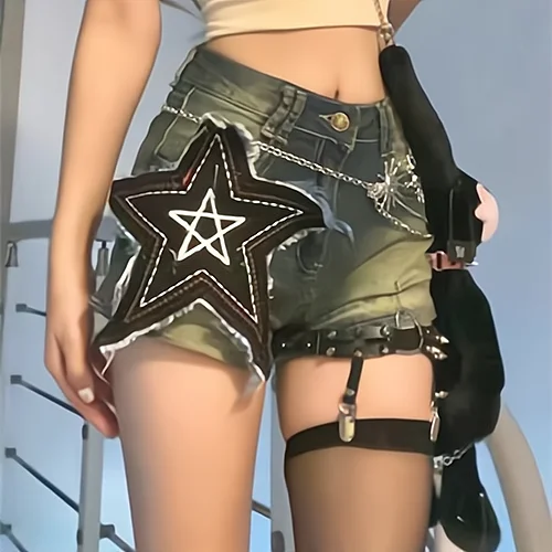 

Star Embroidery Shorts Vintage Punk Denim Women Summer High Waist Wide Leg Hot Pants Y2K Jean Shorts Women