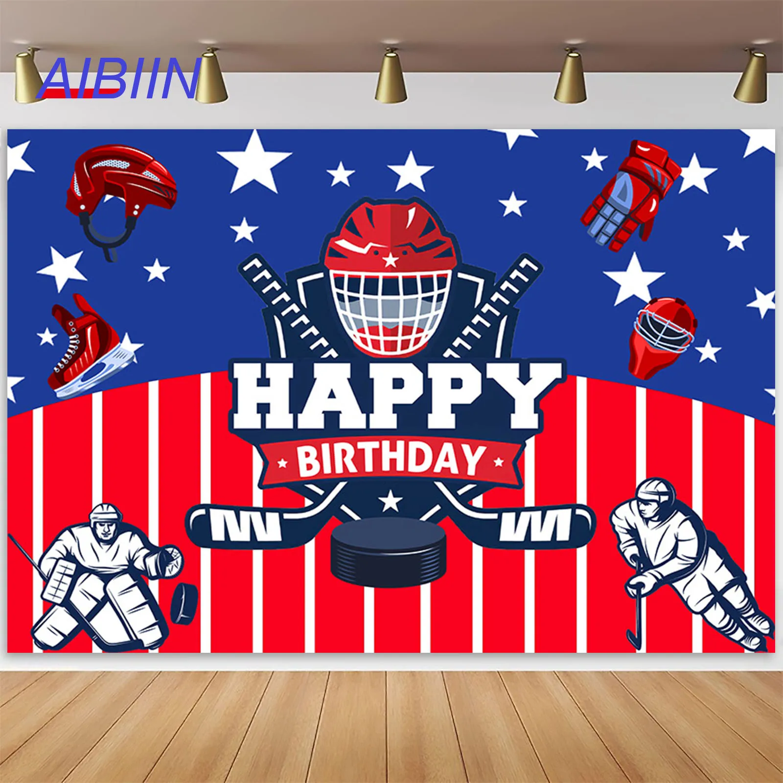 AIBIIN Ice Hockey Birthday Backdrops Blue Red Hockey Sports Match Theme Party Decorations Cake Table Portrait Photozone