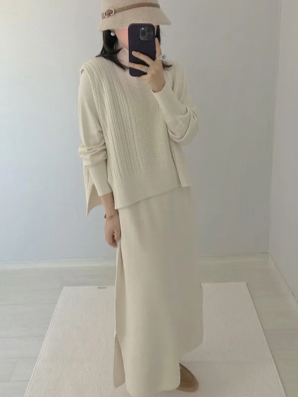 Retro Twist Knitted High Collar Women's Vest Dr Sweater Set Versatile Outerwear Top Chic Ensemble for Young Women