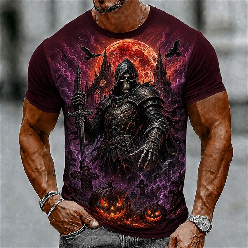 Men's Breathable, Trendy Summer Crew-Neck Short-Sleeve T-Shirt Death Pumpkin Bat and Tombstone Halloween Dark Horror-Themed Top