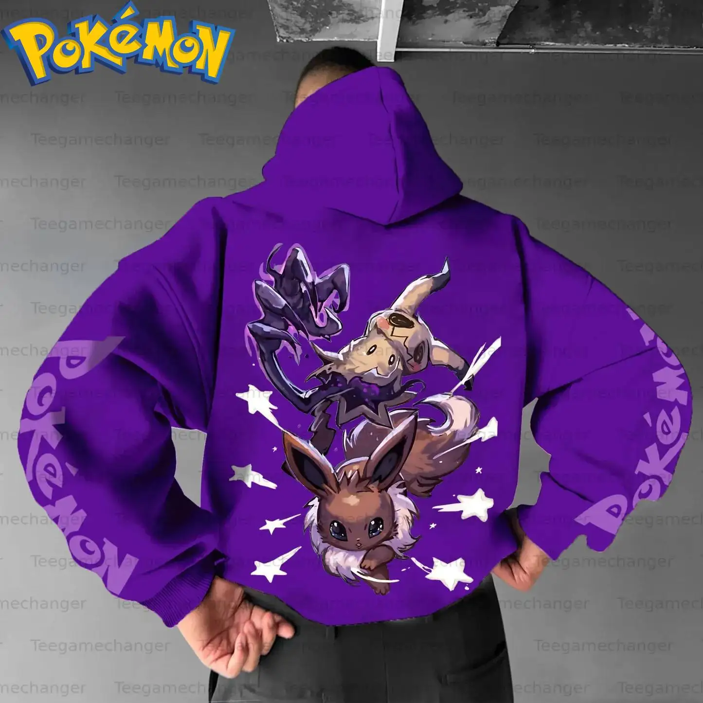 Pokemon Anime Katoenen Hoodie Harajuku Broek Set Paars Karakterprint met Sterpatroon Tweedelige Outfit Casual Streetwear