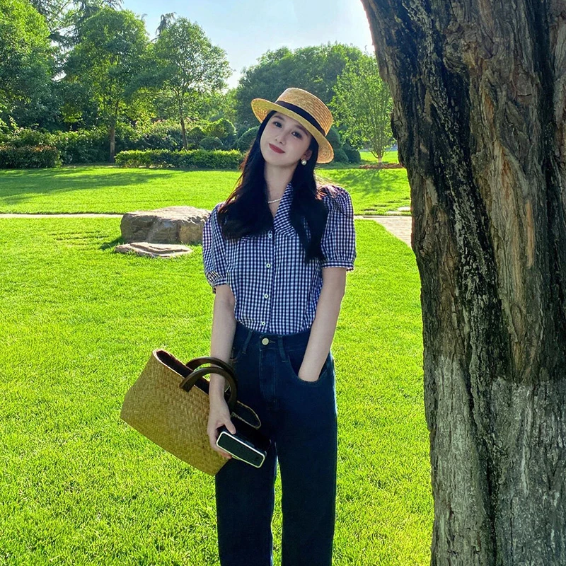 

Ретро Гонконг Sle Casual irt Женский летний модный свободный клетчатый ор Sve Bubble Sve irt Универсальный топ