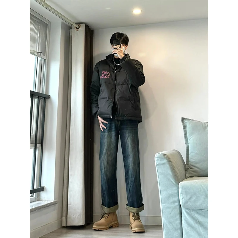 

American High Street Washed Gradient Jeans Men's Extended Cuff Straight Leg Pants Boots Matching Trousers Youth Trend