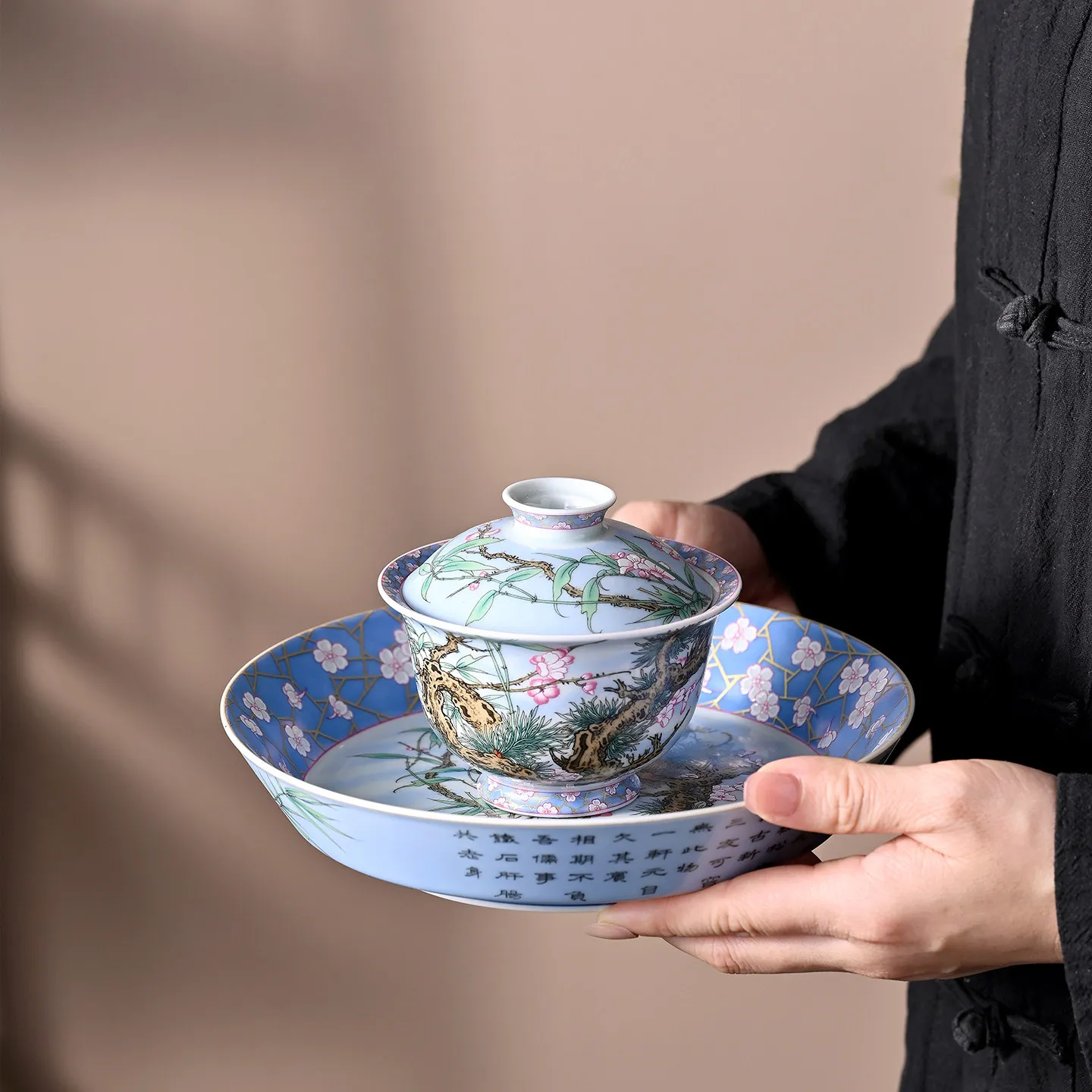 High-End Jingdezhen Enamel Color Pine, Bamboo, Wintersweet Hover Two Tureen Not Hot Tea Brewing Bowl Household Ceramic Cup Large