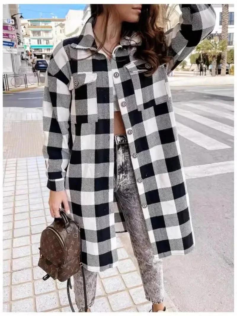 Women\'s Spring Autumn Long sleeved Long Skirt Casual Long sleeved Lapel Checkered Shirt Skirt Women\'s Commuter Checkered Coat