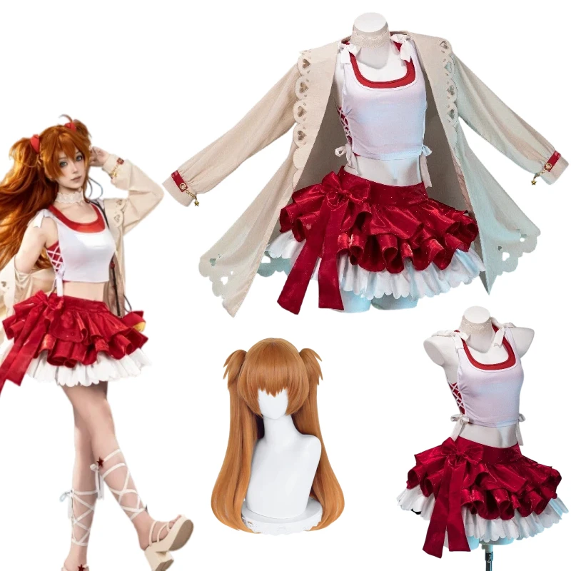 Anime Asuka Cosplay Langley Soryu Costume White Vest Red Cake Skirt Coat with Accessories Full Set for Women Theme Party