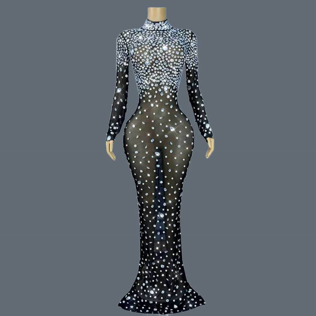 

Women Luxury Sparkly Silver Crystals Evening Dress Sexy See Through Mesh Black Long Dress Long Sleeves Mermaid Dress Dashuijing