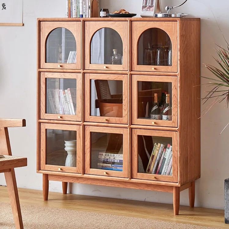 

Modern simple solid wood storage bookcase, Nordic log retro plaid figure display cabinet, living room study side cabinet