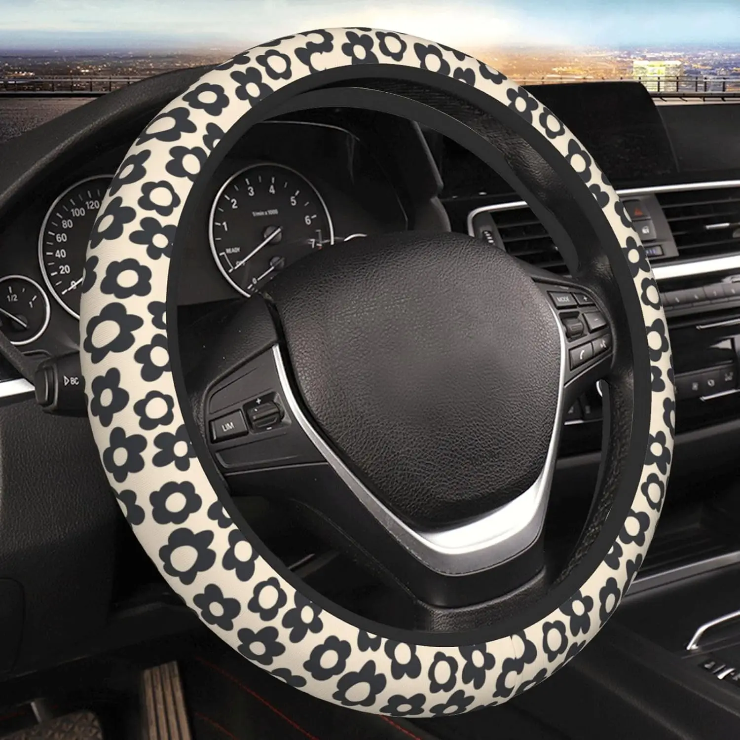 Vintage Groovy Flower Boho Floral Steering Wheel Cover for Women Men Girls Car Accessories Decor Anti-Slip Neoprene Auto Steerin