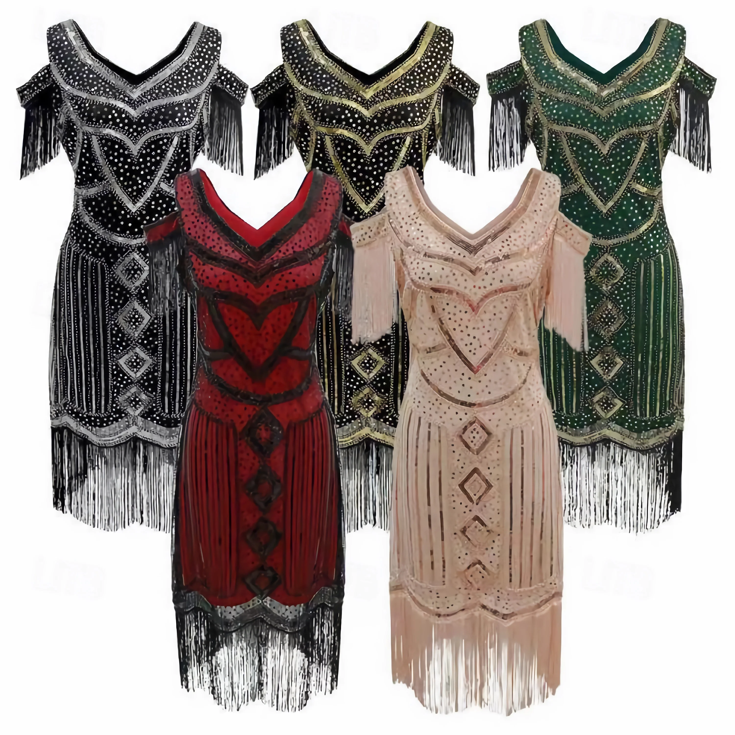 Women 1920s Vintage Great Gatsby Dress V-neck Short Sleeve Sexy Tassel Sequins Performance Clothing for Halloween Party