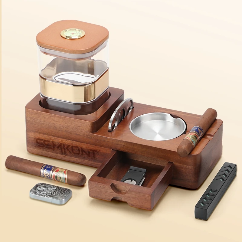 

Wooden Cigar Humidor Set - Ashtray, Cutter Holder, Drawer, and Cigar Accessories for Home and Office