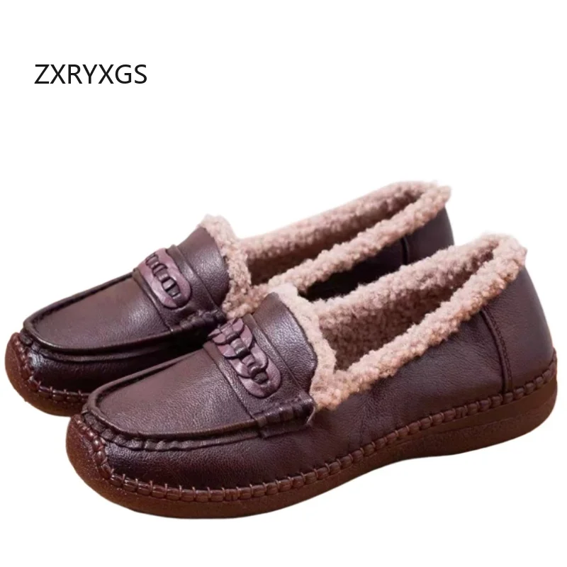 

ZXRYXGS New Fashion Premium Genuine Leather Shoes Winter Flats 2025 Temperament Elegant Warm Sneakers Flat Soft Cotton Shoes