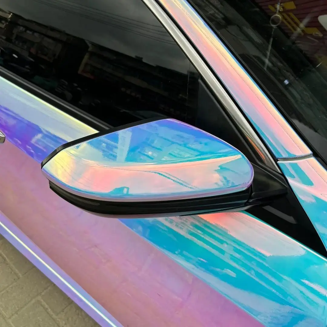 Premium glänzende bunte Regenbogen holografische Chrom-weiße Vinylfolie, selbstklebende Aufkleber, Motorrad-Aufkleber, Autoverpackfolie – Detail 13