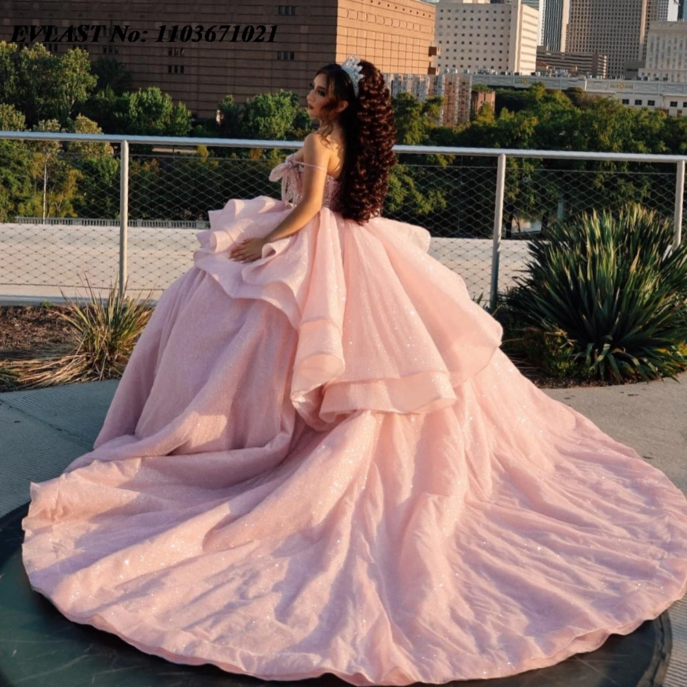 

EVLAST Princess Mexican Pink Quinnceanera Dress Ball Gown Shiny Applique Beaded Tiered Corset Sweet 16 Vestidos De 15 Anos SQ459