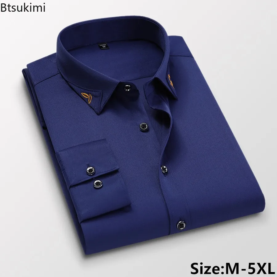 New Men's Stretch Shirt Business Casual Long Sleeve Wrinkle Resistant Non-ironing Shirt Fashion Embroidered Slim Tops Man Blouse