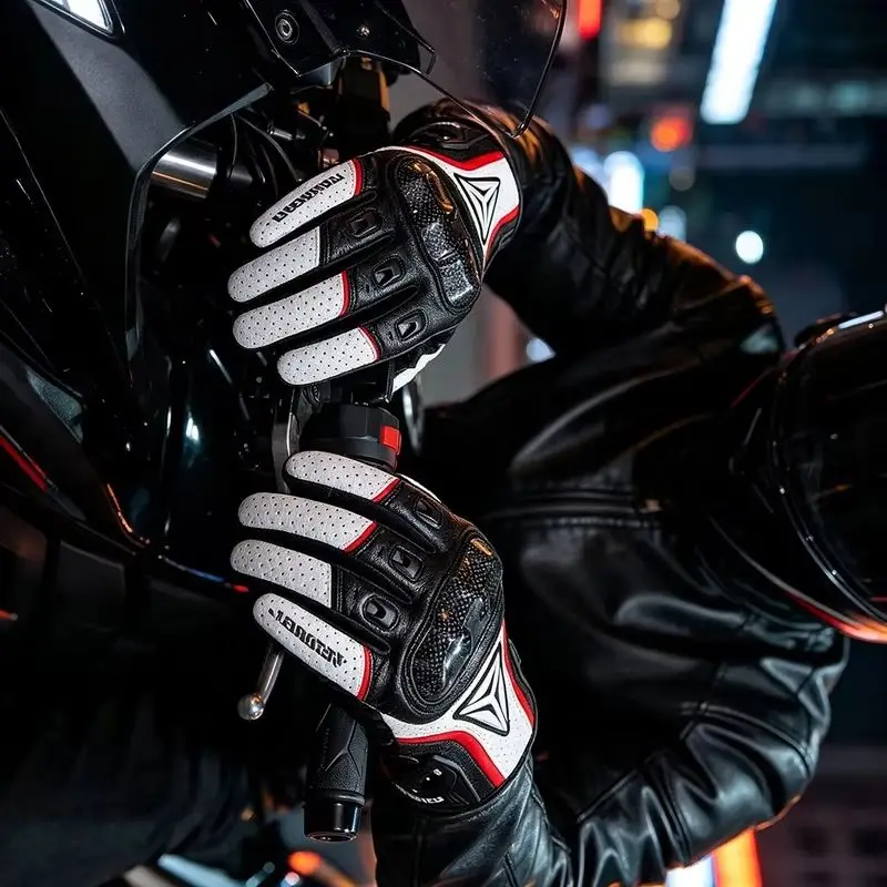 Genuine Leather Motorcycle Gloves Full Finger Carbon Fiber Knuckle Protection Breathable Touch Screen Motorbike Riding Items