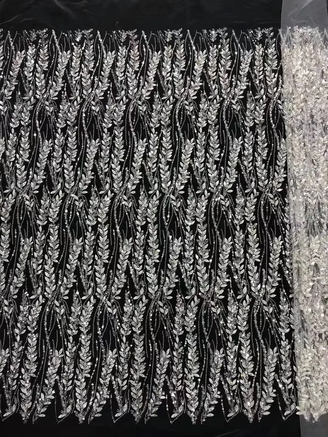 

Silver Color Dress Gowns Patchwork Material 2023 NEW 2D Leaves Laser Cutting Embroidery Beading Lace Fabric