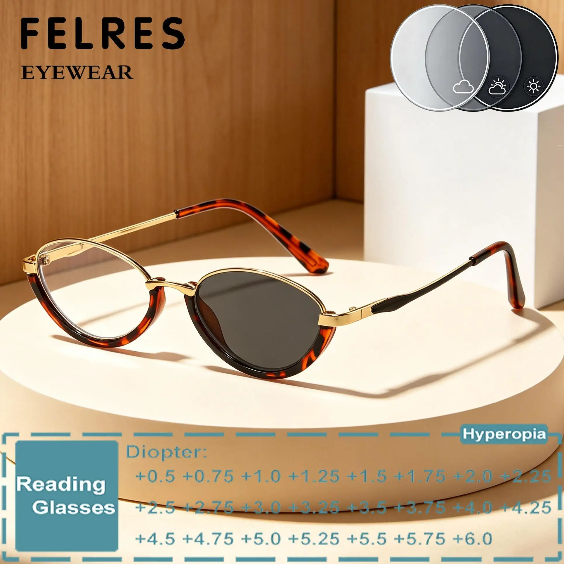 

Half Frames Photochromic Reading Glasses Metal Oval Women Single Focus Presbyopic Eyewear Color Changing Prescription Readers