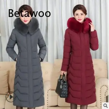 Women Mid Length Over Knee Thick Cotton Coat With Faux Fur Collar Relaxed Warm Padded Outerwear Suitable For Middle Aged Ladies