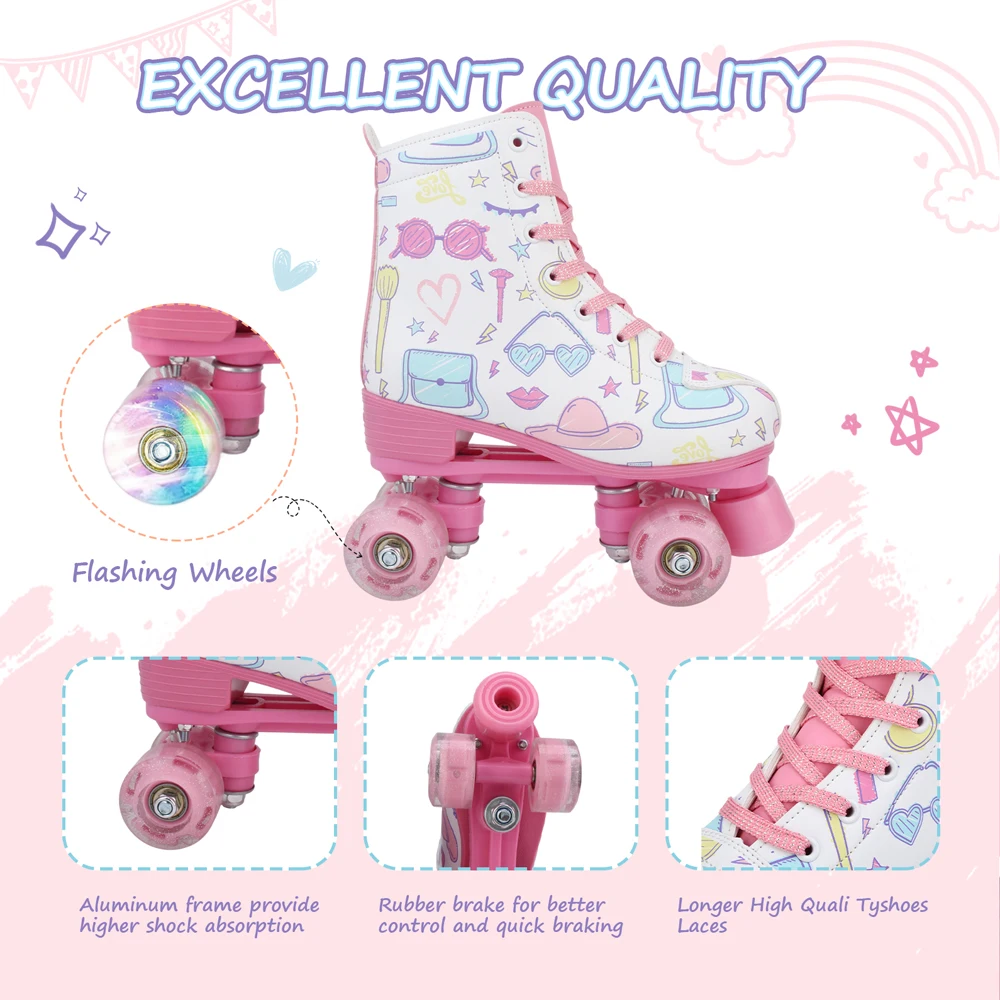 PU Leather Roller Skates Skating Shoes for Kids Girls Outdoor Skating Shoes Quad Skates Sneakers Beginner Roller Skating Shoes