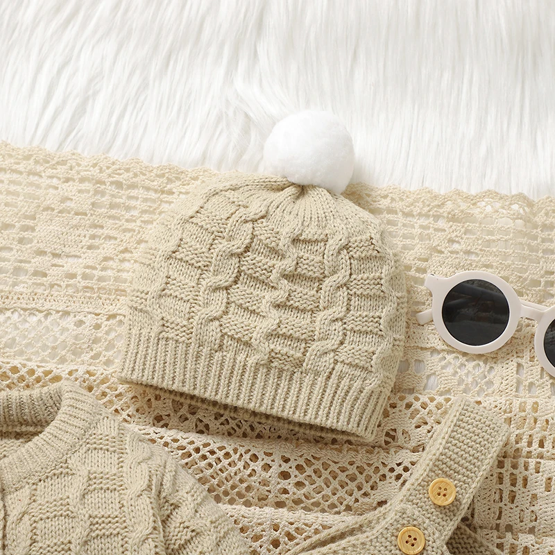 Winter Baby Clothes Sets 3pcs Autumn Solid Beige Long Sleeve Sweaters Jackets+Rompers+Hats Infant Boys Girls Knit Outfit Costume