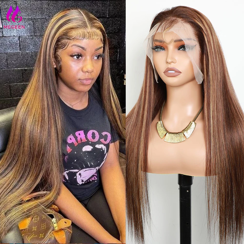 

Megeen Straight Pre Plucked 26Inch Ombre Highlight 13x4 Lace Front Wigs Human Hair Transparent Lace Front Wigs P4/27 Colored Wig