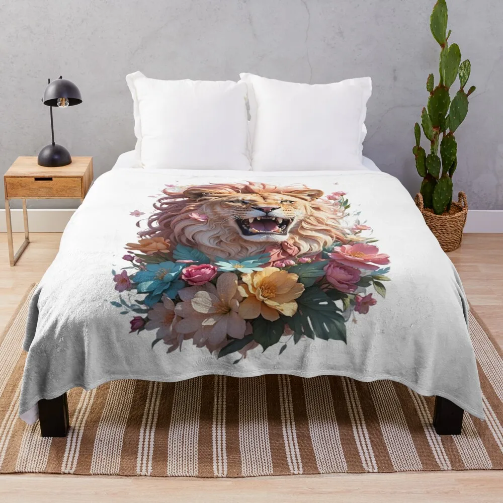 

A colorful lion roaring, fantasy flowers splash Throw Blanket Beach Plush Polar Blankets