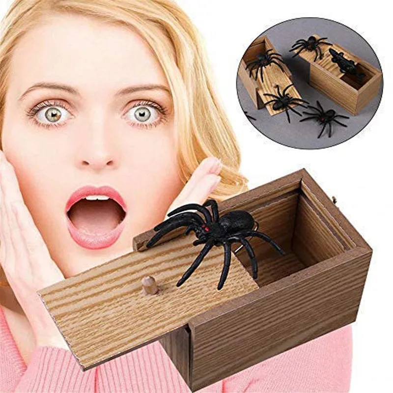 Halloween Trick Spider Funny Scare Box Wooden Hidden Box Quality Prank Wooden Scare Box Fun Game Prank Trick Friend Office Toys