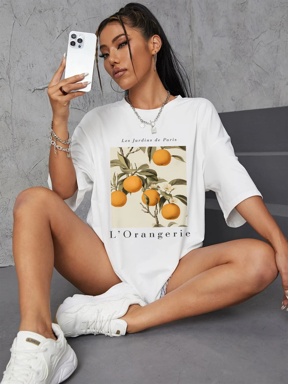 Fresh Oranges Fruits Printing T-Shirts Women Summer Cotton Tops Loose O-Neck Soft Comfortable Short Sleeve Street Woman Clothes