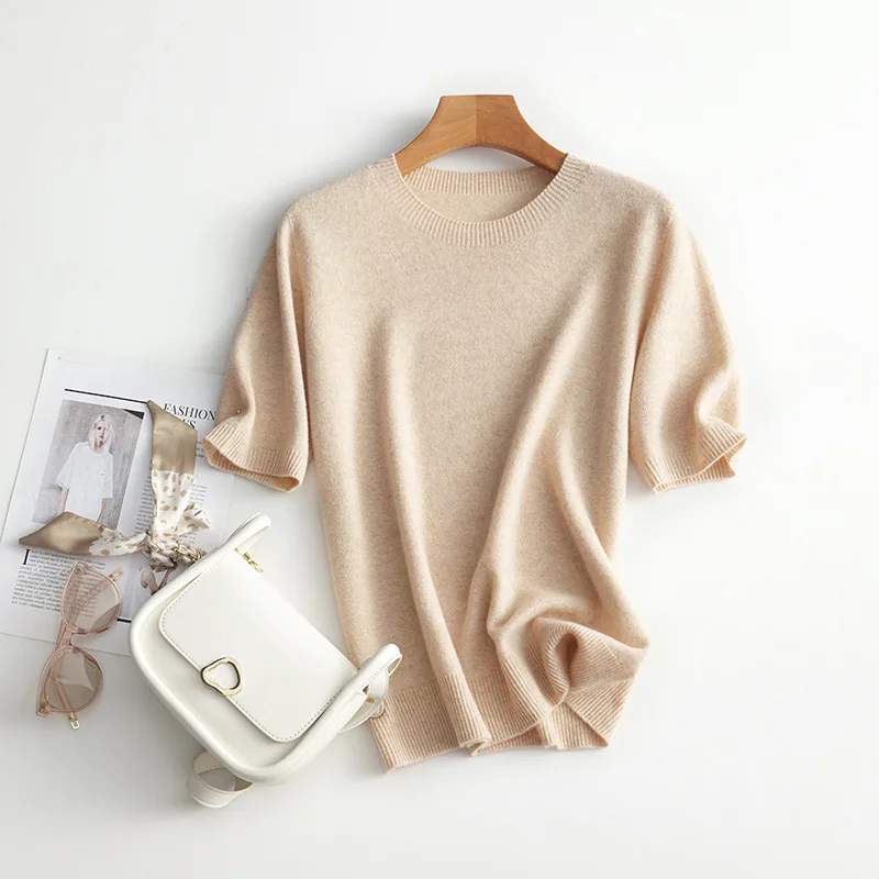 2024 Autumn 100% Merino Wool Sweater Women Round Neck Seamless Solid Color Half Sleeve Knitted Tops