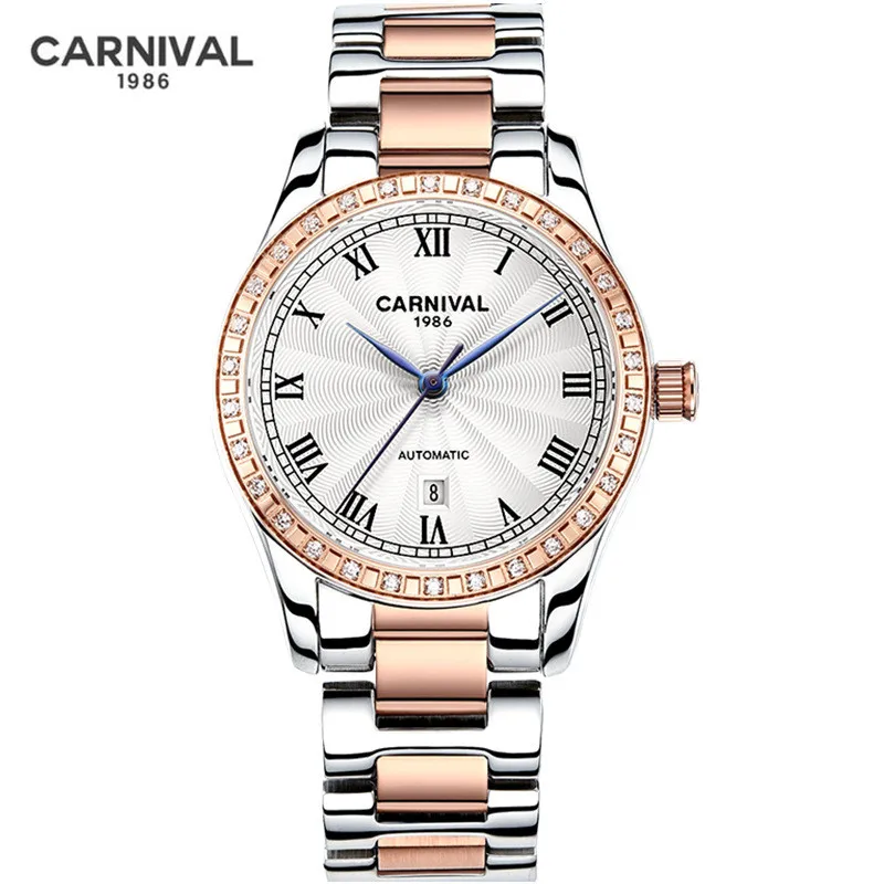 CARNIVAL Brand Mechanical Watch for Women Ladies Luxury Automatic Movement Wristwatches Waterproof Rose Gold Silver Reloj Mujer