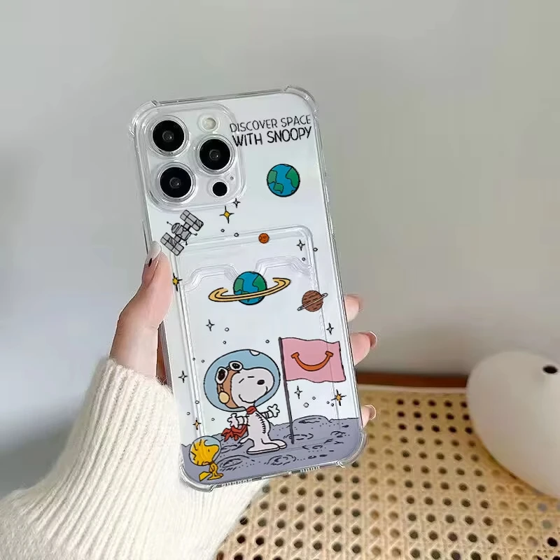 لطيف S-Snoopy شفافة فتحة للبطاقات حقيبة حامل الحال بالنسبة آيفون 17 16 E 15 14 زائد 13 12 Mini 11 Pro ماكس سيليكون مكافحة السقوط غطاء