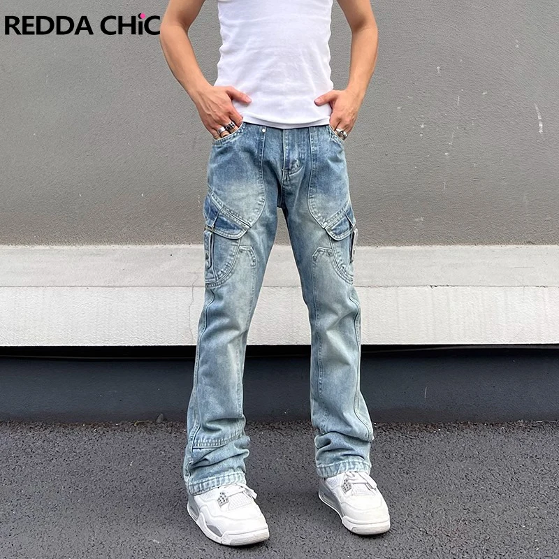 REDDACHIC Patchwork Vintage Seamed Cargo Pants Men Big Size Pockets Wash Blue Straight Jeans Hiphop Trousers Korean Streetwear