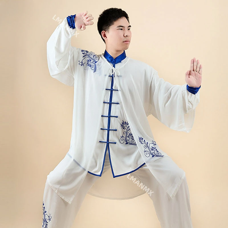 2Pcs Chinese Triditional Tai Chi Set Wushu Kungfu Classical Practice Clothes Performance Bamboo Plum Embroidery Buckle Unisex