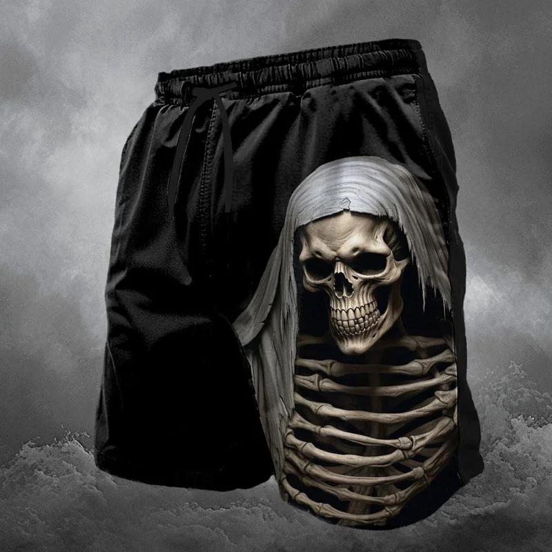 3D Printed Cool Skeleton Short Pants For Men Skull Death God Pattern Beach Shorts Summer Hawaiian Board Shorts Kids Swim Trunks