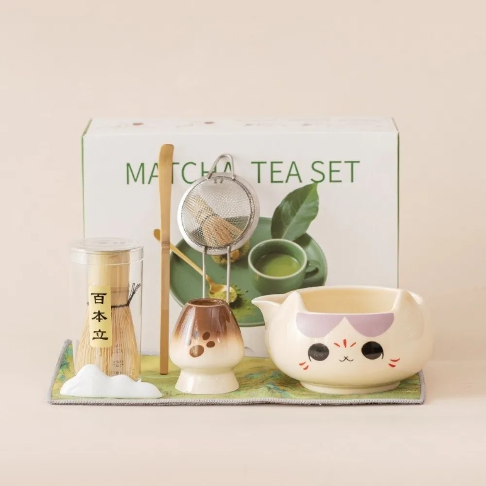 Juego de Té Matcha de Cerámica de 2/5/7 Piezas, Color Rosa, Juego de Cinco Piezas, Tazón de Té con Orejas de Gato, Batidor de Bambú con Boquilla, Kit para Preparar Matcha