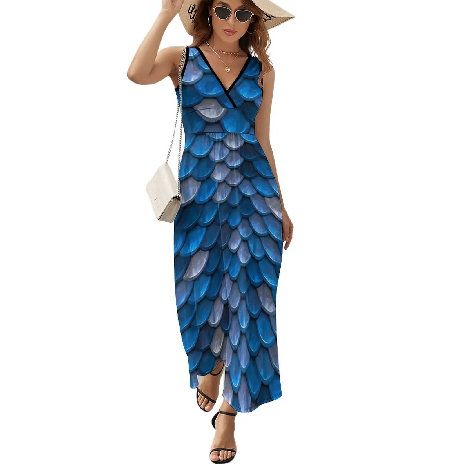 Mermaids Print Dress Blue Fish Scales Vintage Maxi Dress V Neck Graphic Boho Beach Long Dresses Streetwear Oversized Vestido