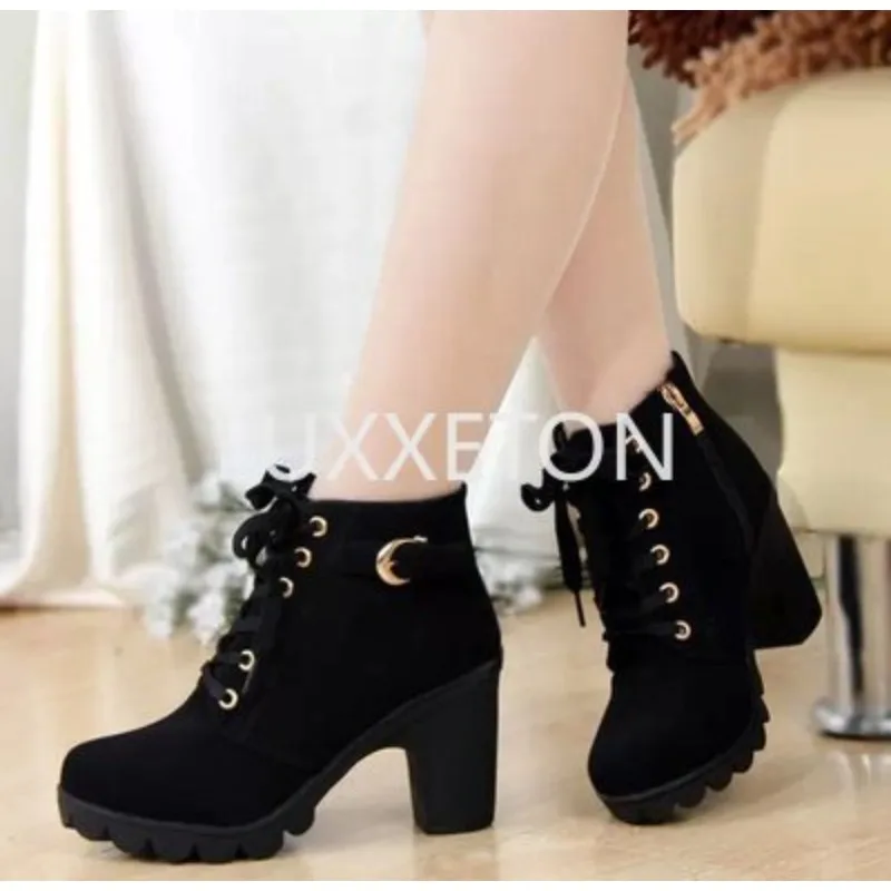 

Autumn and Winter New European and American Lacing High Heel Thick Sole Waterproof Platform Thick Heel Fashion Women's Shoes