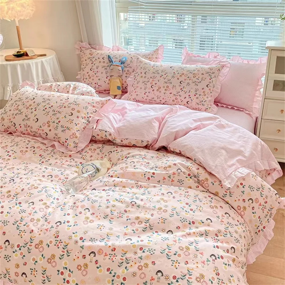 Bed Sheet Set Quilt Cover Pillowcase Pastoral Style Small Floral Printing and Dyeing Cotton with Lace Four-piece Bedding Set