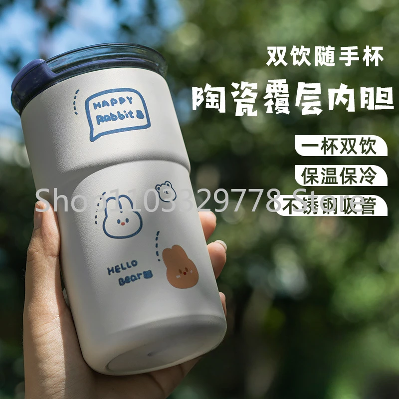 New Cartoon Coffee Cup Men's and Women's High-Looking Ceramic Vacuum Cup Stainless Steel Portable Convenient Pairs Drinking Cup