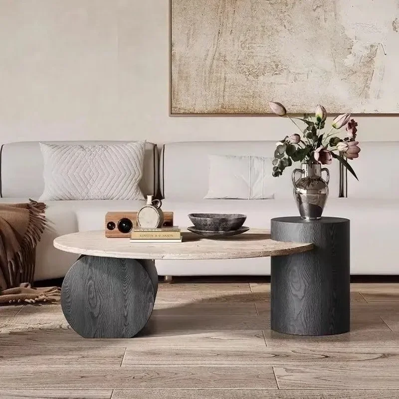 Round Luxury Travertine and Solid Wood Coffee Table Designer Rock Slab Center Table for Living Room Balcony Small Apartment