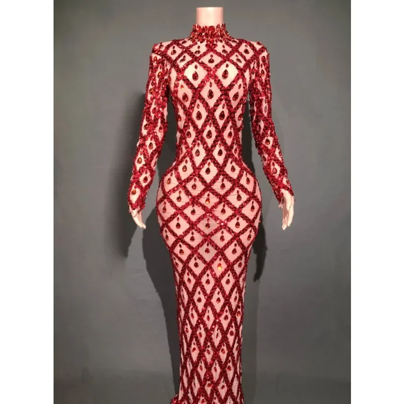 Vestido de strass brilhante personalizado para vestido de festa à noite feminino saia longa para performance de dança e vestido de competição